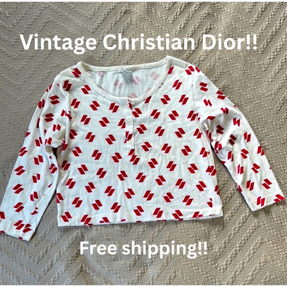 Vintage Christian Dior Long Sleeve Cropped Tee in White and Red